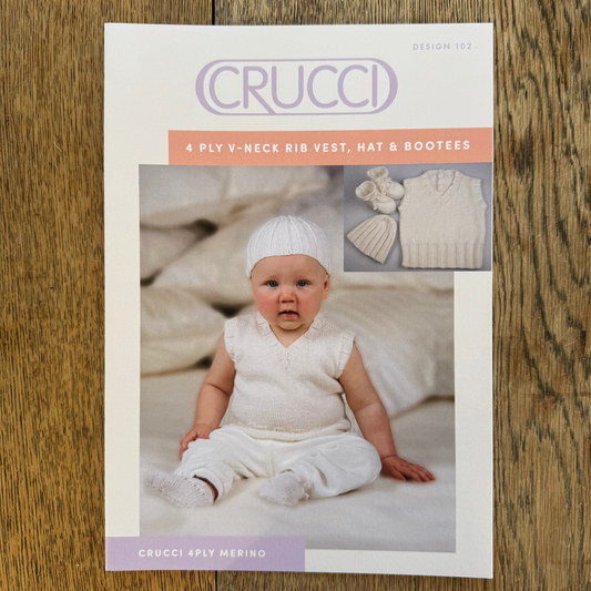 Pattern | Crucci 4ply | V-neck Rib Vest, Hat and Bootees | 102