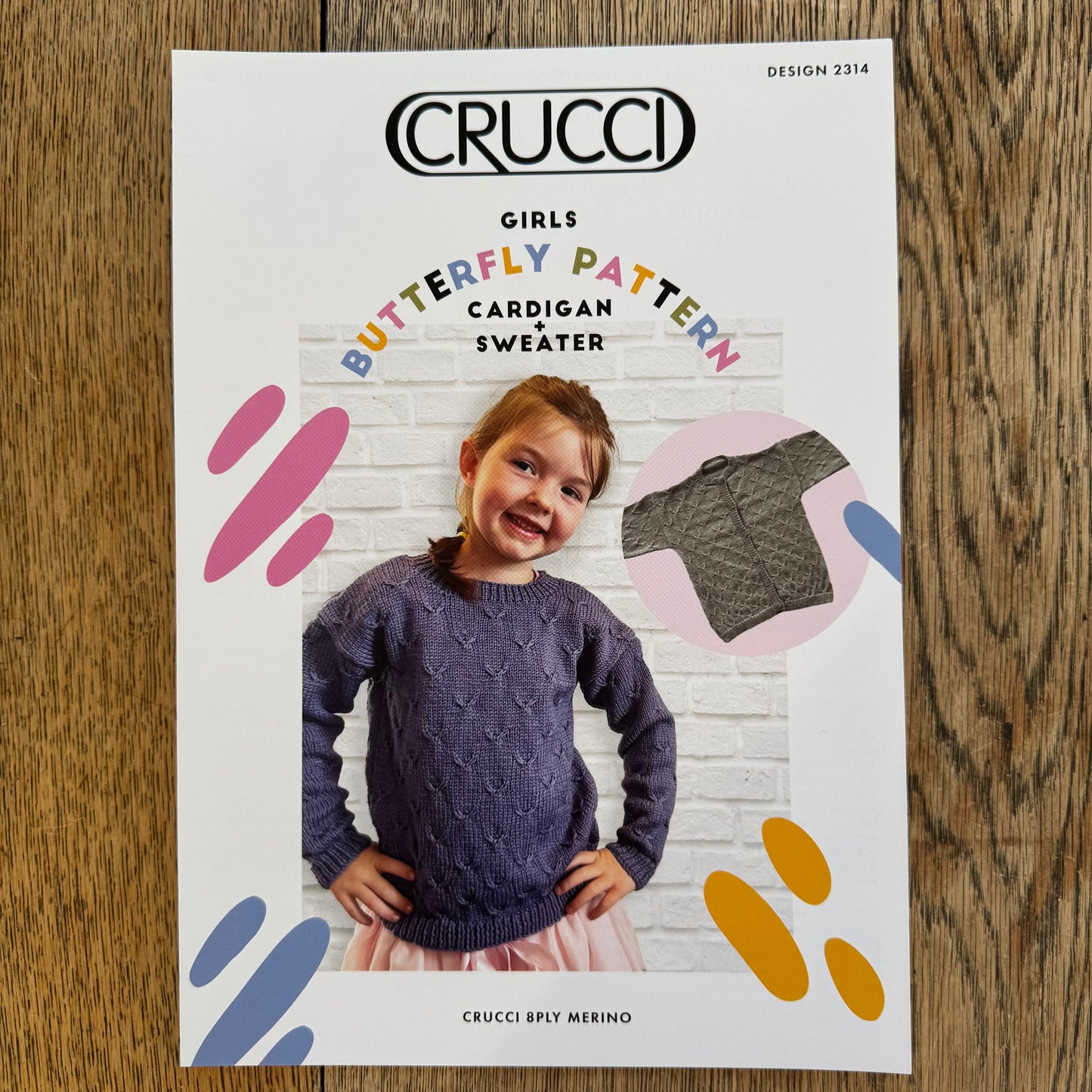 Pattern | Crucci Merino 8ply | Girls Butterfly Pattern Cardi + Sweater | 2314