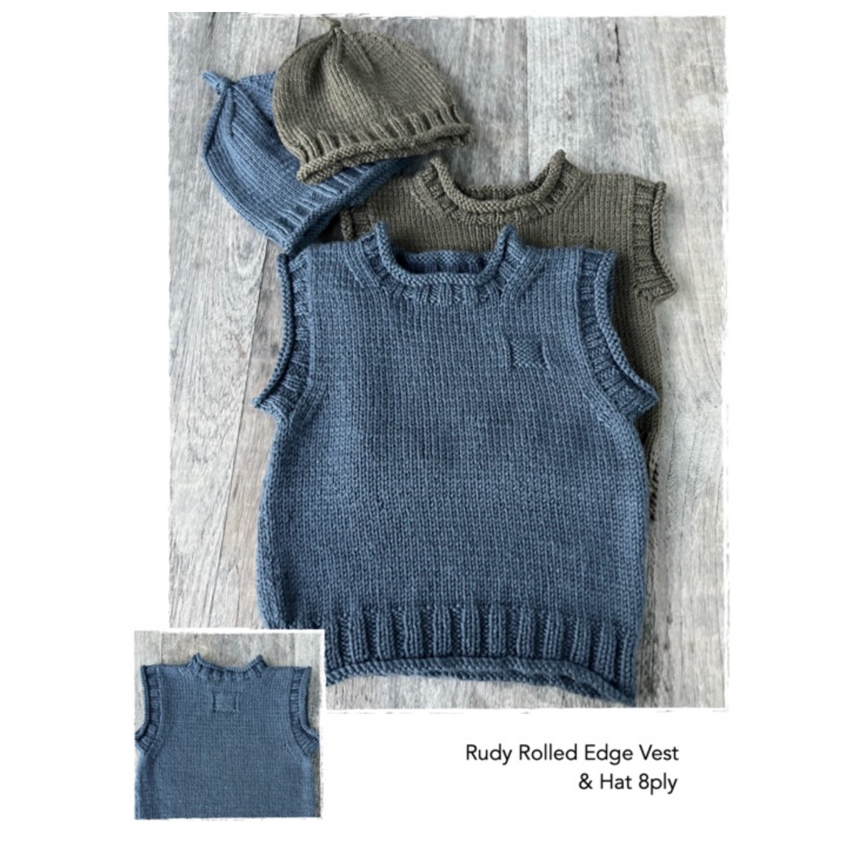 Pattern | The Kiwi Knit & Stitch Co | Rudy Rolled Edge Vest + Hat | 8ply